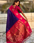 Violet South Traditional Tilak Contrast Soft Silk Zari Woven Saree