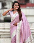 Lavender Pastel Zari Woven Peacock Lotus Paithani Silk Saree