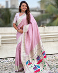 Lavender Pastel Zari Woven Peacock Lotus Paithani Silk Saree