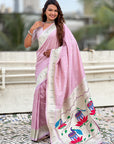 Lavender Pastel Zari Woven Peacock Lotus Paithani Silk Saree