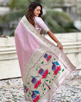 Lavender Pastel Zari Woven Peacock Lotus Paithani Silk Saree