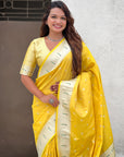 Yellow Pastel Zari Woven Peacock Lotus Paithani Silk Saree