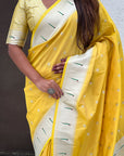 Yellow Pastel Zari Woven Peacock Lotus Paithani Silk Saree