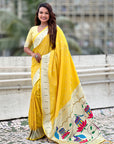 Yellow Pastel Zari Woven Peacock Lotus Paithani Silk Saree