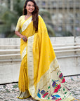 Yellow Pastel Zari Woven Peacock Lotus Paithani Silk Saree