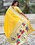 Yellow Pastel Zari Woven Peacock Lotus Paithani Silk Saree