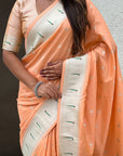Peach Pastel Zari Woven Peacock Lotus Paithani Silk Saree