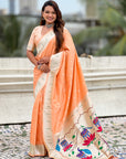 Peach Pastel Zari Woven Peacock Lotus Paithani Silk Saree