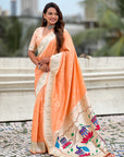 Peach Pastel Zari Woven Peacock Lotus Paithani Silk Saree