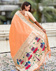 Peach Pastel Zari Woven Peacock Lotus Paithani Silk Saree