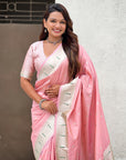 Baby Pink Pastel Zari Woven Peacock Lotus Paithani Silk Saree