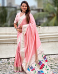 Baby Pink Pastel Zari Woven Peacock Lotus Paithani Silk Saree