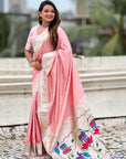 Baby Pink Pastel Zari Woven Peacock Lotus Paithani Silk Saree
