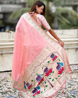 Baby Pink Pastel Zari Woven Peacock Lotus Paithani Silk Saree