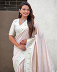 Pearl White Pastel Zari Woven Peacock Lotus Paithani Silk Saree