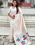 Pearl White Pastel Zari Woven Peacock Lotus Paithani Silk Saree