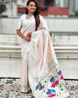 Pearl White Pastel Zari Woven Peacock Lotus Paithani Silk Saree