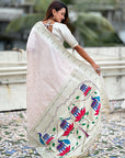 Pearl White Pastel Zari Woven Peacock Lotus Paithani Silk Saree