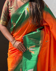 Orange South Traditional Tilak Contrast Soft Silk Zari Woven Saree