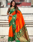 Orange South Traditional Tilak Contrast Soft Silk Zari Woven Saree