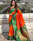 Orange South Traditional Tilak Contrast Soft Silk Zari Woven Saree