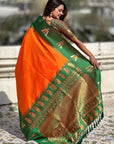 Orange South Traditional Tilak Contrast Soft Silk Zari Woven Saree