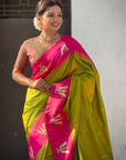 Mehendi Green South Traditional Tilak Contrast Soft Silk Zari Woven Saree