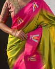 Mehendi Green South Traditional Tilak Contrast Soft Silk Zari Woven Saree