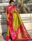 Mehendi Green South Traditional Tilak Contrast Soft Silk Zari Woven Saree