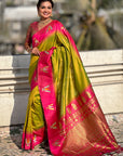 Mehendi Green South Traditional Tilak Contrast Soft Silk Zari Woven Saree