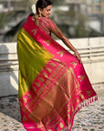 Mehendi Green South Traditional Tilak Contrast Soft Silk Zari Woven Saree