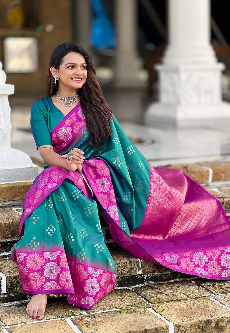 Ivory & Green Floral Print And Highlighted Border Skirt Saree Set main image 1