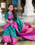 Green with Pink Soft Silk Floral Border Contrast Zari Woven Saree