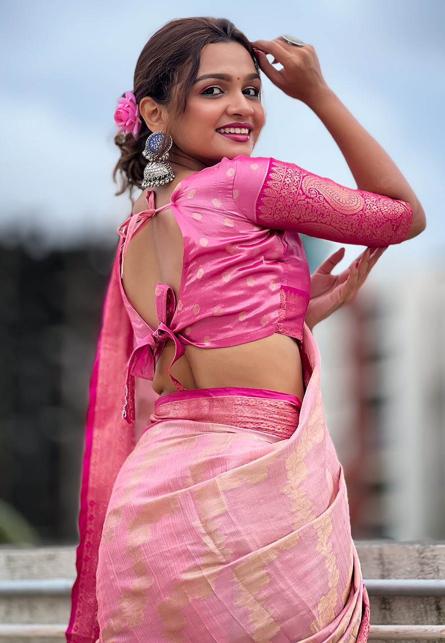 Baby Pink Kanjivaram Soft Tissue Silk Leheriya Traditional Zari Woven Saree