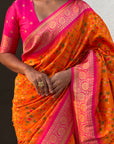 Orange Soft Silk Zari Woven Premium Patola Saree with Contrast Weaves