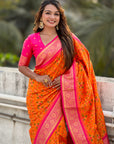 Orange Soft Silk Zari Woven Premium Patola Saree with Contrast Weaves