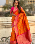 Orange Soft Silk Zari Woven Premium Patola Saree with Contrast Weaves