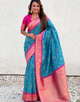 Sky Blue Soft Silk Zari Woven Premium Patola Saree with Contrast Weaves