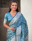 Butterfly Blue Banarasi Jaal Satin Silk Pink Zari Woven Saree