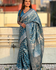 Butterfly Blue Banarasi Jaal Satin Silk Pink Zari Woven Saree
