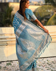 Butterfly Blue Banarasi Jaal Satin Silk Pink Zari Woven Saree