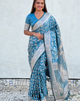 Butterfly Blue Banarasi Jaal Satin Silk Pink Zari Woven Saree