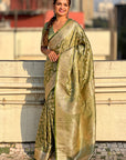 Green Banarasi Jaal Satin Silk Pink Zari Woven Saree
