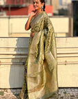 Green Banarasi Jaal Satin Silk Pink Zari Woven Saree