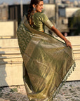 Green Banarasi Jaal Satin Silk Pink Zari Woven Saree