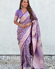 Lavender Banarasi Jaal Satin Silk Pink Zari Woven Saree