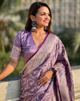 Lavender Banarasi Jaal Satin Silk Pink Zari Woven Saree