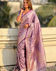 Lavender Banarasi Jaal Satin Silk Pink Zari Woven Saree