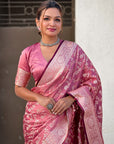 Pink Banarasi Jaal Satin Silk Pink Zari Woven Saree