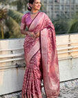 Pink Banarasi Jaal Satin Silk Pink Zari Woven Saree
